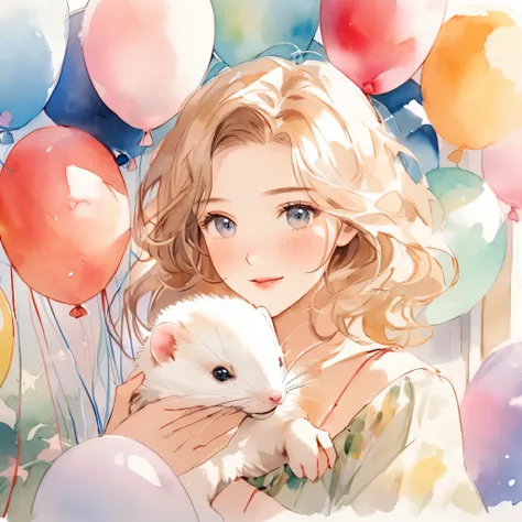 {worst quality, low-quality}, An illustration of a cute woman in her 20s lovingly holding a ferret, with soft wavy hair and gentle eyes. The close-up shot shows a room with lots of balloons at a birthday party in the background. The illustration is painted...