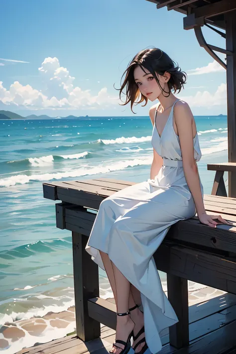 (A small pier jutting out into the sea_All around the sea:1.2)、(A girl sitting on the edge of a pier looking out to sea:1.2)、White dress、(Shining Sea)、Blue sky and white clouds、Highest quality、high resolution、masterpiece、4K、8k、wallpaper、