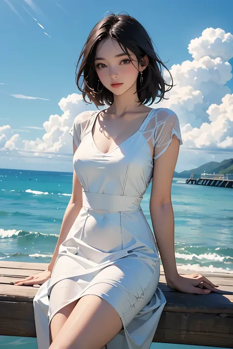 A girl sitting on the edge of a pier looking out to sea、White dress、Shining Sea、Blue sky and white clouds、Highest quality、high resolution、masterpiece、4K、8k、wallpaper、