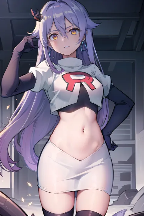 masterpiece, best quality, best 8k wallpaper,
1 girl, cowboy shot, long hair, purple hair, bangs, yellow eyes, earrings, hair between eyes, hair ornament,team rocket,team rocket uniform,white skirt,red letter R,crop top,black thigh-highs,black elbow glove...