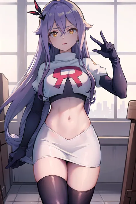 masterpiece, best quality, best 8k wallpaper,
1 girl, cowboy shot, long hair, purple hair, bangs, yellow eyes, earrings, hair between eyes, hair ornament,team rocket,team rocket uniform,white skirt,red letter R,crop top,black thigh-highs,black elbow glove...