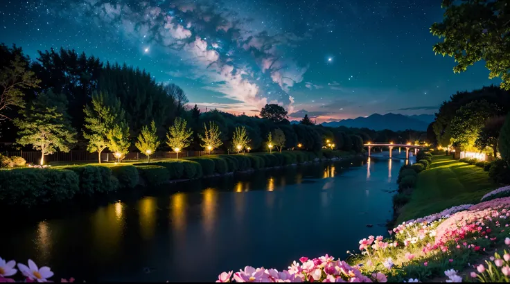 (magical pretty night null green stream overlay scene), (null), (cloud), Soft lighting, Clean background, Beautiful views, masterpiece, high quality, Beautiful graphics, Attention to detail, Spectacular views, garden, Flowers, cloud, (night starry null, Ri...