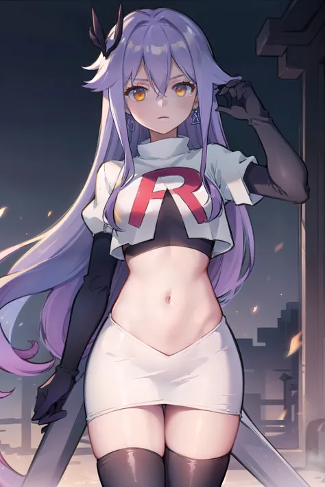 masterpiece, best quality, best 8k wallpaper,
1 girl, cowboy shot, long hair, purple hair, bangs, yellow eyes, earrings, hair between eyes, hair ornament,team rocket,team rocket uniform,white skirt,red letter R,crop top,black thigh-highs,black elbow glove...