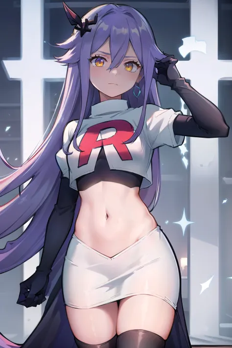 masterpiece, best quality, best 8k wallpaper,
1 girl, cowboy shot, long hair, purple hair, bangs, yellow eyes, earrings, hair between eyes, hair ornament,team rocket,team rocket uniform,white skirt,red letter R,crop top,black thigh-highs,black elbow glove...