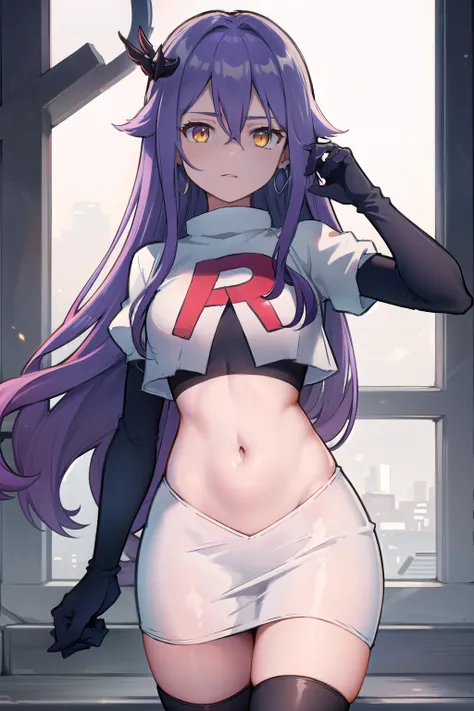 masterpiece, best quality, best 8k wallpaper,
1 girl, cowboy shot, long hair, purple hair, bangs, yellow eyes, earrings, hair between eyes, hair ornament,team rocket,team rocket uniform,white skirt,red letter R,crop top,black thigh-highs,black elbow glove...