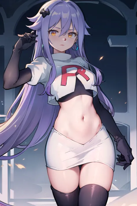 masterpiece, best quality, best 8k wallpaper,
1 girl, cowboy shot, long hair, purple hair, bangs, yellow eyes, earrings, hair between eyes, hair ornament,team rocket,team rocket uniform,white skirt,red letter R,crop top,black thigh-highs,black elbow glove...