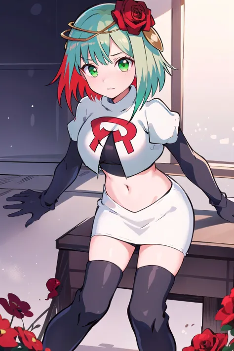 1girl,cosette schneider, Destiny,red flower, hair ornament, red rose, hair flower, short hair, green eyes,multicolored hair,team rocket,team rocket uniform,white skirt,red letter R,crop top,black thigh-highs,black elbow gloves