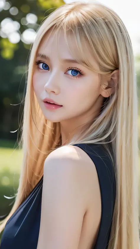 Transparent white glossy skin、Blonde hair blowing in the ominous wind in front of a pretty face、Huge boobs、Cute sexy little beautiful face of、disheveled bangs、Beautiful, silky, straight, super long blonde hair、Very large beautiful pale bright blue eyes、Ver...