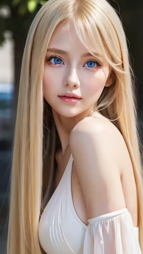 Transparent white glossy skin、Blonde hair blowing in the ominous wind in front of a pretty face、Huge boobs、Cute sexy little beautiful face of、disheveled bangs、Beautiful, silky, straight, super long blonde hair、Very large beautiful pale bright blue eyes、Ver...