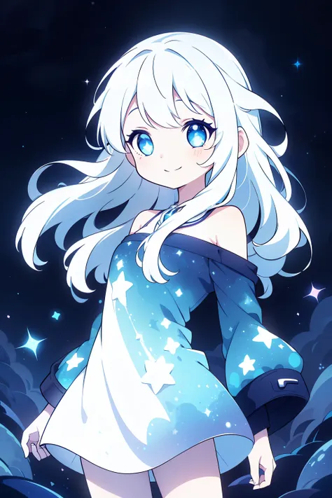 (high-quality, breathtaking),(expressive eyes, perfect face) 1girl, female, solo, kid, short height, long hair length, white hair color, soft wave, bright blue eye color, nebula background, positive expression, cute smile, starry night background, white dr...