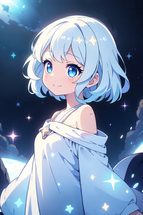 (high-quality, breathtaking),(expressive eyes, perfect face) 1girl, female, solo, kid, short height, long hair length, white hair color, soft wave, bright blue eye color, nebula background, positive expression, cute smile, starry night background, white dr...
