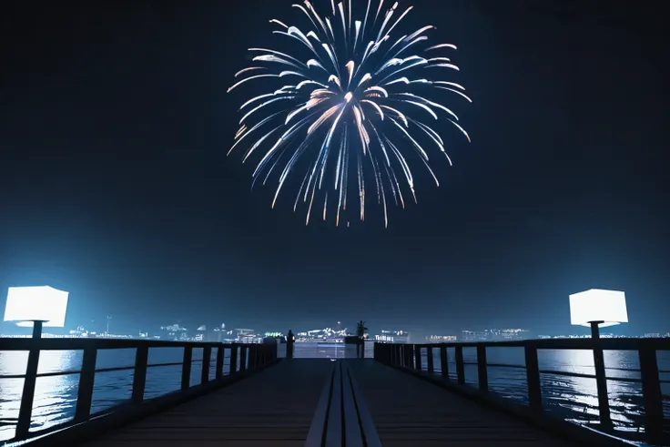 (best quality,highres,masterpiece:1.2),ultra-detailed,in the middle of the night, the pier, the street lamps are dotted, firewor...