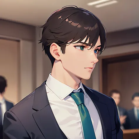 side angle,(looking away:1.5),upper body、
shiny skin, (looking away:1.5)、masterpiece、Highest quality、(2 male:1.5) and (Brown short hair) and (Green Eyes),
 (Wearing a suit:1.3) and (Blue tie)、
Serious、The background is the conference room、(Alone:1.5)、Upper...