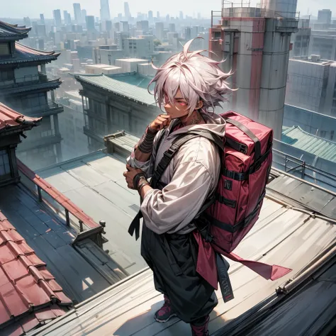 1male, young adult, dark skin, finely detailed pink eyes, wild medium hair, grey hair color, baggy hoodie, baggy combat pants, standing on building, day time, tokyo city, calm expression, muscular, tattoos, standing on rooftop, hiker backpack, ninja shoes