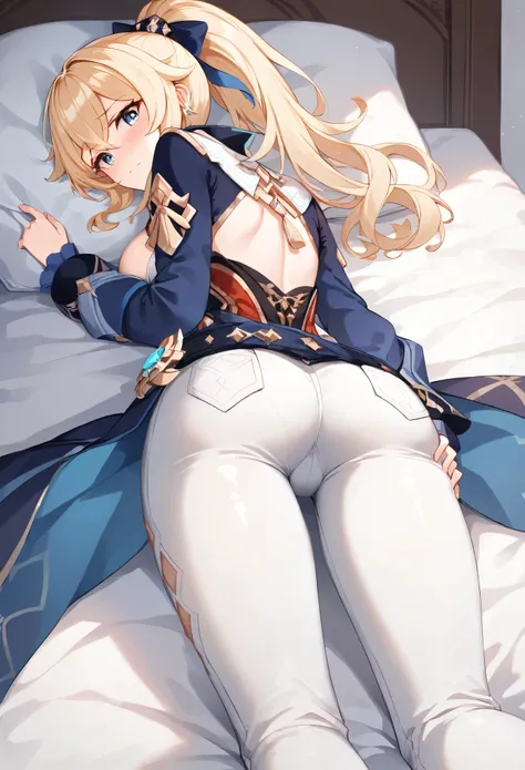 score_9, score_8_superior, score_7_superior, high quality ,masterpiece ,最high quality ,rating safe ,In the bedroom,girl,Cute Face ,((Feeling embarrassed))  ,Large Breasts ,Blonde ponytail hair , navy eyes ,Beautiful Skin,character_gin_Genshin Impact,Lying ...