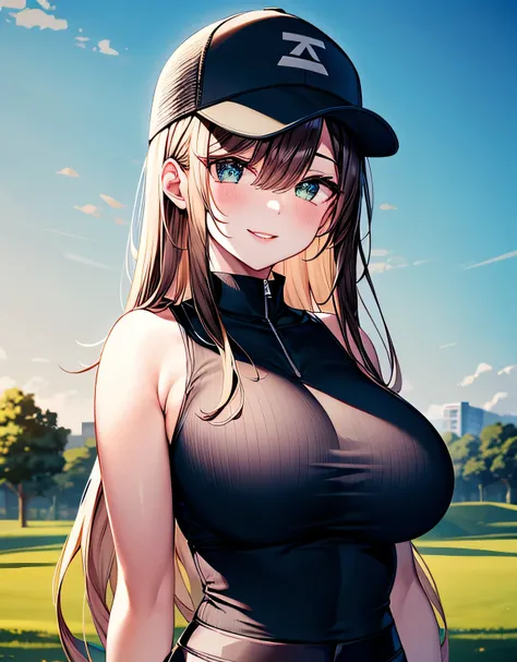 golf wear,golf cap,golf course,outdoors,(large breasts:1.55),(shiny,hair),((solo)),((masterpiece)),((best quality)),perfect anatomy,slim waist,perfect image,8k UHD,(beautiful detailed eyes:1.5),extremely detailed face,standing,(upper body:1.3),(look at the...