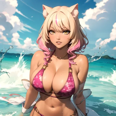 Suzuka Gozen woman , blonde hair with pink tips, cat ears, yellow eyes, big chest, Dark skin, tanned skin,bikini rojo fondo una plata tropical.