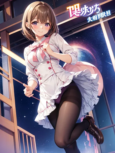 1 female, blush, smile , Cute girl anime visuals, Beautiful Anime Girls, Smooth anime CG art, Official artwork, Fascinating anime , standing on one leg ,leg_lift ,panties under pantyhose,standing_split , from below