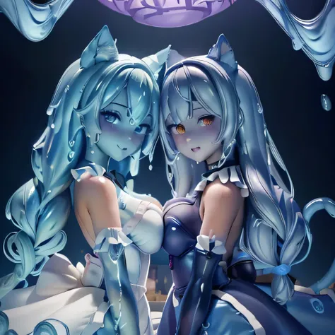  ((masterpiece,best quality,ultra-delicate,Perfect Face,16k,high resolution,very beautiful girl)),blue slime girl,high viscosity blue slime body,black and white maid dress:1.5,cat ears,large breasts,long hair,smil,standing,blue slimy caves,melting breasts