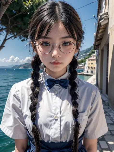 A Japanese elementary school girl, Amalfi, Italy, seen from the ocean, Navy uniform, braids, clear expression, sparkling eyes, glasses