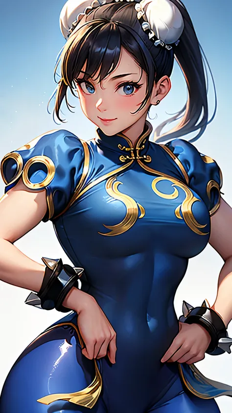 ((Chun-Li,ponytail,blue Leggings:1.3)),upper body, Looking at the audience,Slim and sexy figure, the best quality, (8k), (4K),(masterpiece), (the best quality), Extremely detailed, Game CG, Ultra Detailed, illustration, Beautiful Body,Beautiful nose, Perfe...