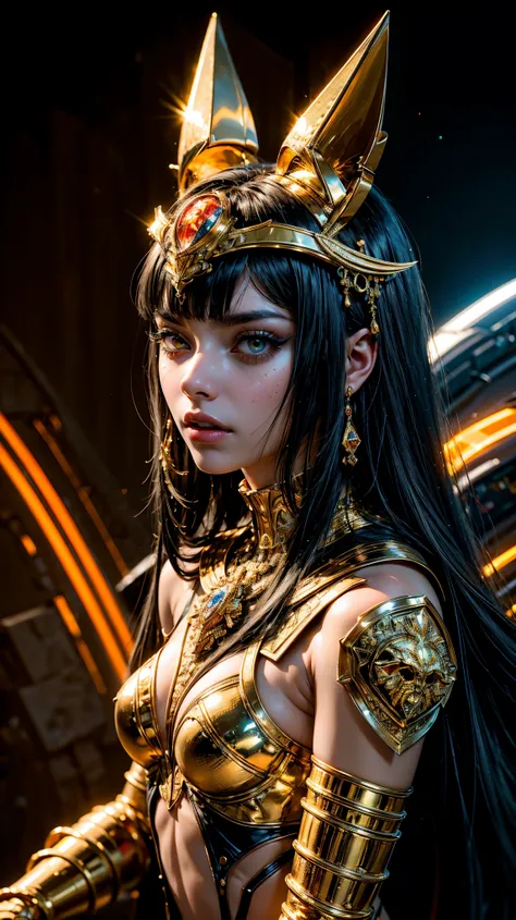 masterpiece, Ultra intricate details, high angle, aerial shot, cyber city egypt, 1 girl, alone, Pale skin, bee, egyptian girl, Egyptian cat princess outfit, cyber cat ears, long neckline, gold and black metal jewelry, Platinum black hair, Egyptian hairstyl...