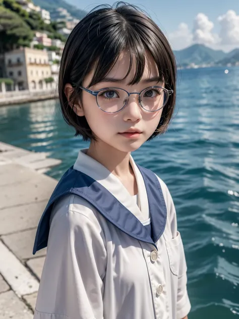 A Japanese elementary school girl, Amalfi, Italy, seen from the ocean, Navy uniform, short hair, clear expression, sparkling eyes, glasses