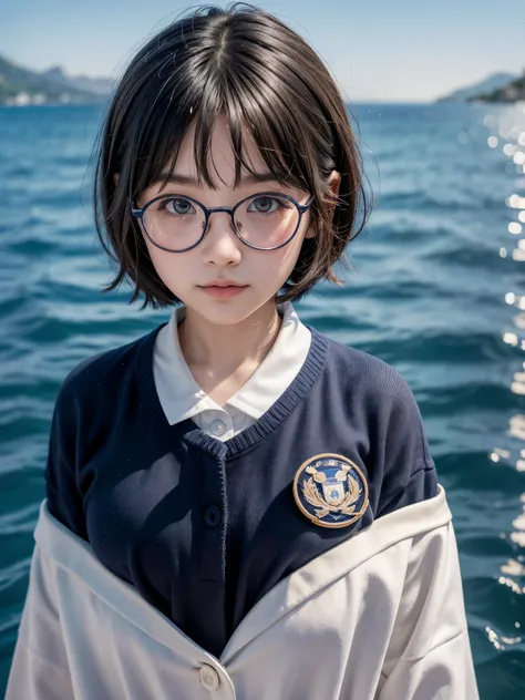 A Japanese elementary school girl, Amalfi, Italy, seen from the ocean, Navy uniform, short hair, clear expression, sparkling eyes, glasses