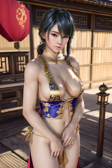 1girl,hanfu,(silk sheen: 1.4),Chinese courtyard,,huge breasts, (best quality,8k,highres,masterpiece:1.2),ultra-detailed,(realistic,photorealistic,photo-realistic:1.37),studio lighting,ultra-fine painting,sharp focus,physically-based rendering,extreme detai...