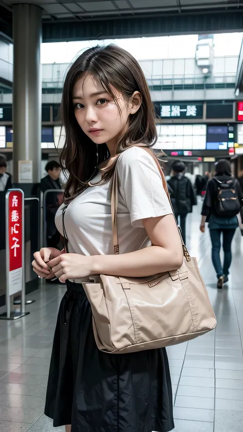 Tokyo station platform:1.2、Short girls、Small breasts、Carry a shoulder bag over your shoulder、Hang a name tag around one&#39;s neck、(Realistic、Like a photograph、Live Action、8k, Photorealistic, RAW Photos, Best image quality: 1.4), Single-lens reflex camera、...