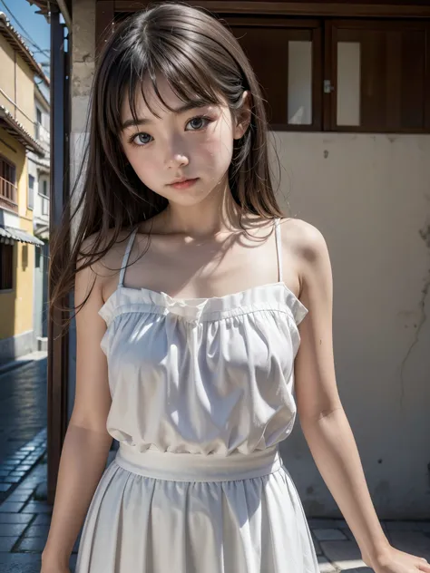 A Japanese elementary school girl, Amalfi Coast, Italy, bare shoulders, clear expression, sparkling eyes