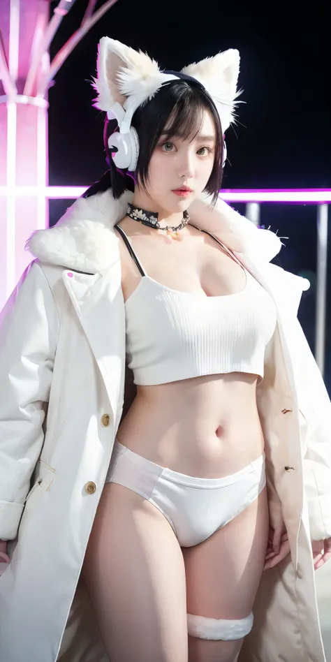 White fox, pink eyes, Pubic tattoo, Uterine tattoos, short hair, black hair, coat, Young woman, Transvestite, furry, night city, glowing eyes, no feelings, Long tail, shirt collar, Masterpiece, Puppet, Bat Wings, shy, White headphones, Foxtail, Highest qua...