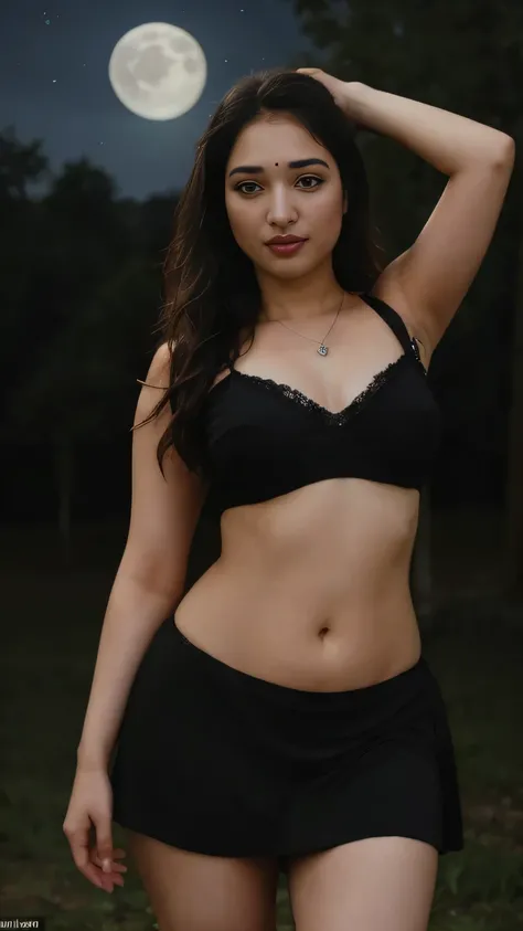 night scene, in village field,night sky, star in the sky,,moon in the sky,romantic atmosphere, photo of sexy naked indian actress tamannah, big cheeks, curvy, hourglass figure, swooping breasts, deep cleavage, open arms, sexy armpits, ponytail, necklace, r...