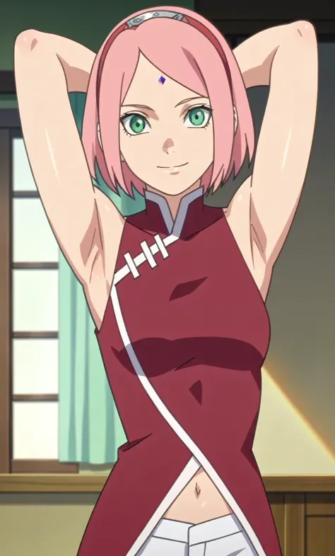 score_9, score_8_up, score_7_up, source_anime, anime screencap, 1girl, solo, indoors, haruno sakura, pink hair, short hair, gree...