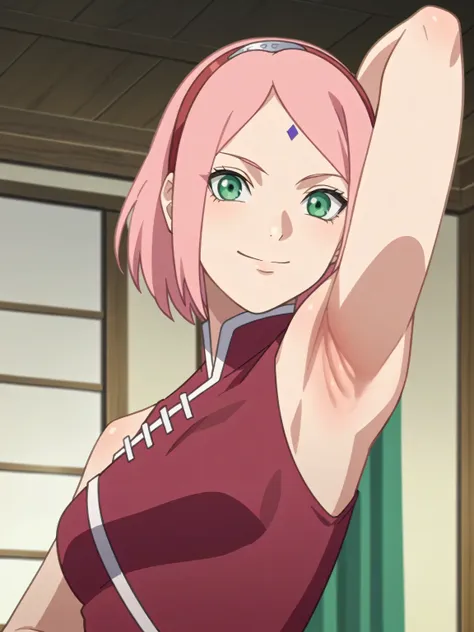 score_9, score_8_up, score_7_up, source_anime, anime screencap, 1girl, solo, indoors, haruno sakura, pink hair, short hair, gree...