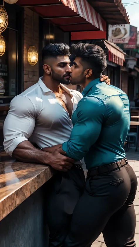 Close up Focus on indian latino Gay couple hugging and smooching kissing,Realistic, ((Masterpiece)), ((Best quality)), (Detailed), Cinematic, Dynamic lighting, soft shade, Detailed cafe background, Professional photography, Depth of field, Intricate, Detai...