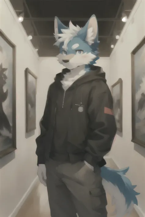 1boy,boy,solo,furry,kemono,anthro,tail,5 fingers,art gallery,