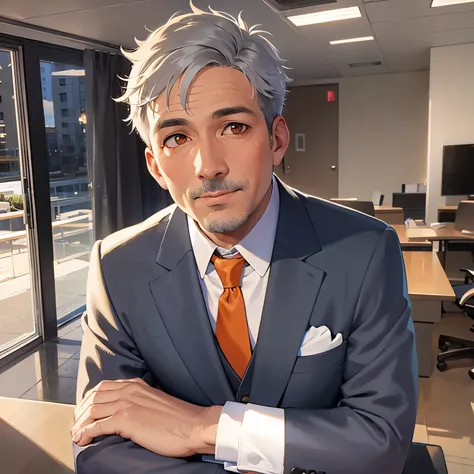 smile, 
masterpiece、high quality、(A 50-year-old man with short grey hair and orange eyes:1.5)、
Wearing a grey suit、 The background is the conference room、Alone