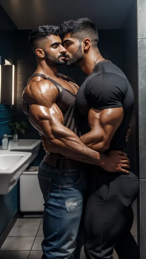 Close up Focus on indian latino Gay couple hugging and smooching kissing in public washroom crowd in washroom,Realistic, ((Masterpiece)), ((Best quality)), (Detailed), Cinematic, Dynamic lighting, soft shade, Detailed public washroom and crowded washroom b...