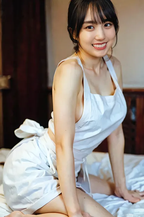 two of the most beautiful women, detailed body with large breasts, smile、happy, (((naked apron))),((maid style apron)),  detaile...