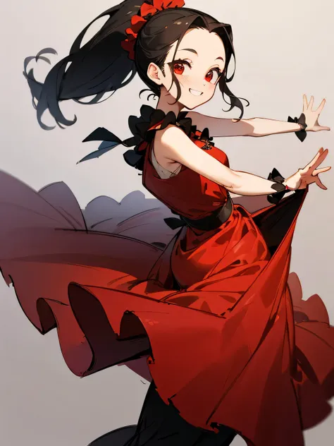 sideview,solo, (upperboby),(looking at viewer:1.3),close up face:1.2,(black color ponytail), (big forehead), red eyes, smile grin,frilly black and red salsa dance long dress, dancers pose, （I am the star:1.3）,(manga style), (sketch), (illustration)