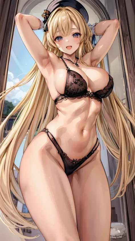 Very detailed、Highest quality、A masterpiece、8k、Blonde Long Hair、Open mouth smiling、Large Breasts、Cowboy Shot、Wearing high leg thong、SFW Giant Body、necklace