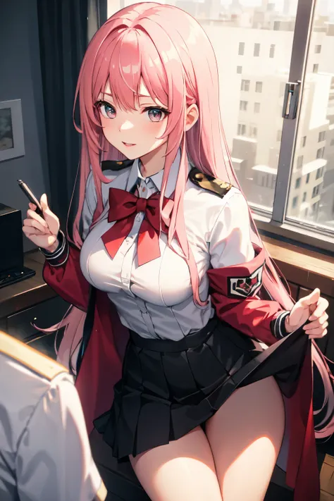 8ｋ,Highest quality,masterpiece, Sharp focus,high school girl，，Pink Hair，Lewd，uniform
