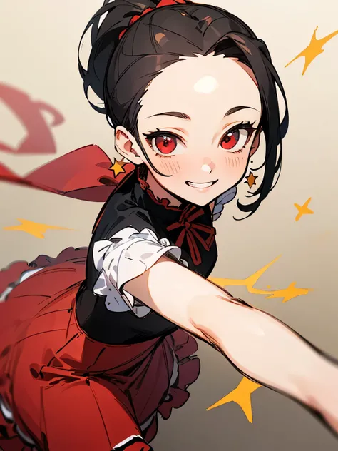 from above:1.2,solo,(looking at viewer:1.3),(close up face:1.3),(black color ponytail), (big forehead), red eyes, smile grin,frilly black and red salsa dance long dress, dancers pose, （I am the star:1.3),white pastel color pattern background,(manga style),...