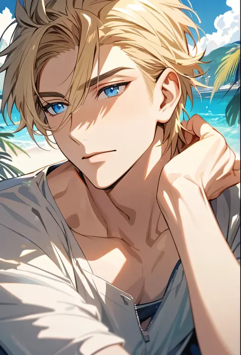 male, super detail, god, blond hair, paradise, blue eyes, handsome, solo