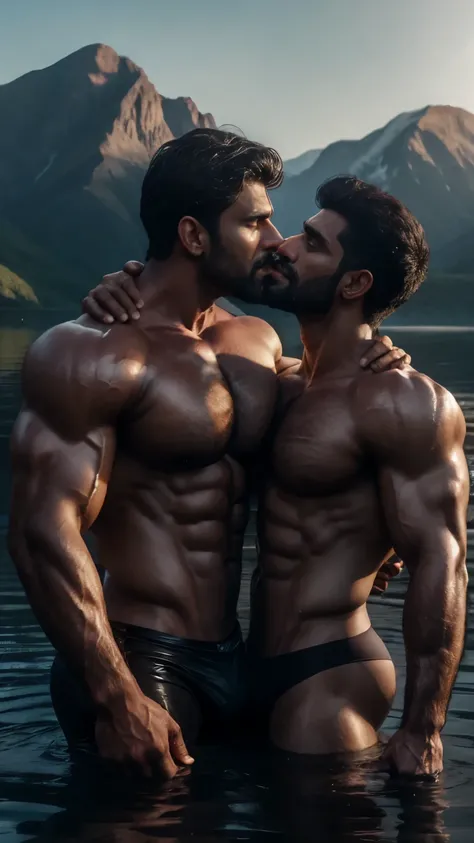 a close up focus on indian man and beared man kissing in front of a body of water, movie stills photography, still from the movie, sexy movie photo, movie stills, 8 k movie still, still from movie, still shot from movie, promotional movie still, still from...