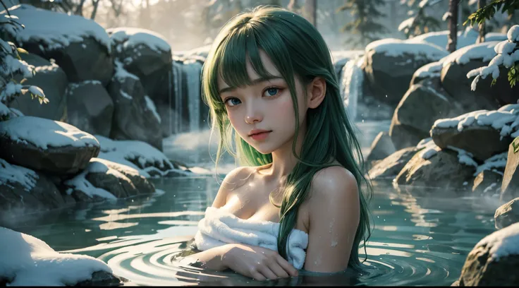 girl, (from side:0.6), hugging, bathing in natural hot springs, (cute:0.6), (medium breast), off-shoulder, wrapping towel, long hair, green hair, bangs, detailed face, looking at viewer, blue eyes, waters edge, rock and moss line the edges of the springs, ...