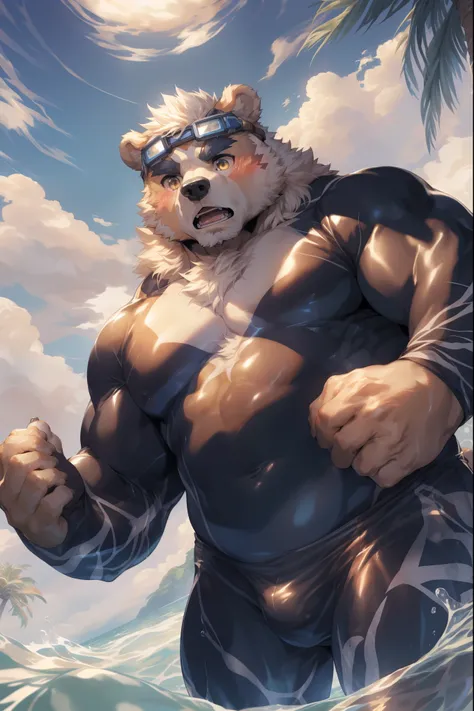 (By Empty Ghost, From thebigslick, By Dark Gem, Will chase), Keyuan Building (Onmyoji Daisenji Temple), High quality photos, Perfect anatomical structure, Anthropomorphic white bear, male, 30 years old, (bear print), Thick eyebrows, short hair, Strong body...