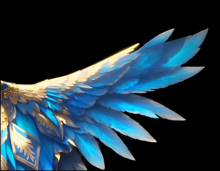 Blue and gold angel wings，Decorated with intricate patterns, Glowing extraordinary light against a black background. Feather detail depicts a gradient of blue tones and gold accents, Creating a majestic and celestial spectacle.