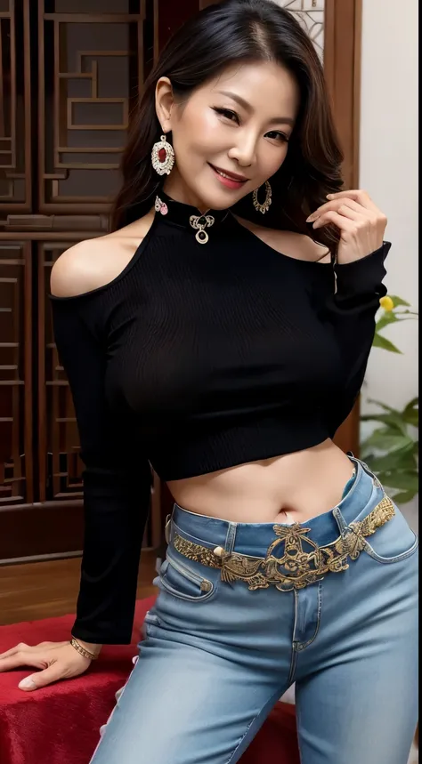 ７７ years old　mom　milf　Chinese Lady　large earring　Big choker　navel piercing decoration　A bracelet　realisitic　Gorgeous Madame Beautiful Mature Woman　sexly　Smile　Gentle woman navel piercing　４K　High quality　Gorgeous Madame Beautiful Mature Woman